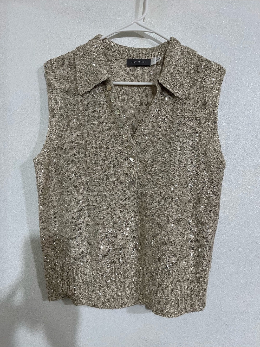 Sequin Knit Polo Tank Top in Beige Gold